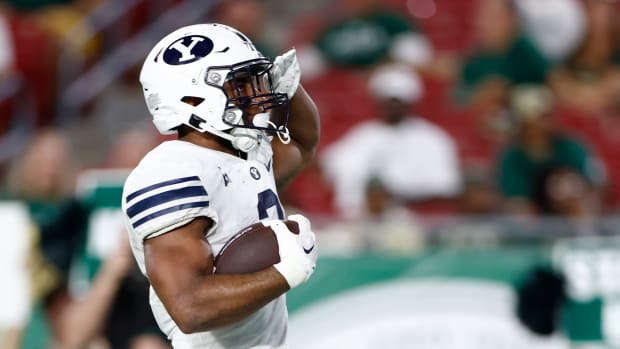Sep 3, 2022; Tampa, Florida, USA; Brigham Young Cougars running back Christopher Brooks (2) reacts after running the ball in for a touchdown against the South Florida Bulls during the second half at Raymond James Stadium. Mandatory Credit: Douglas DeFelice-USA TODAY Sports